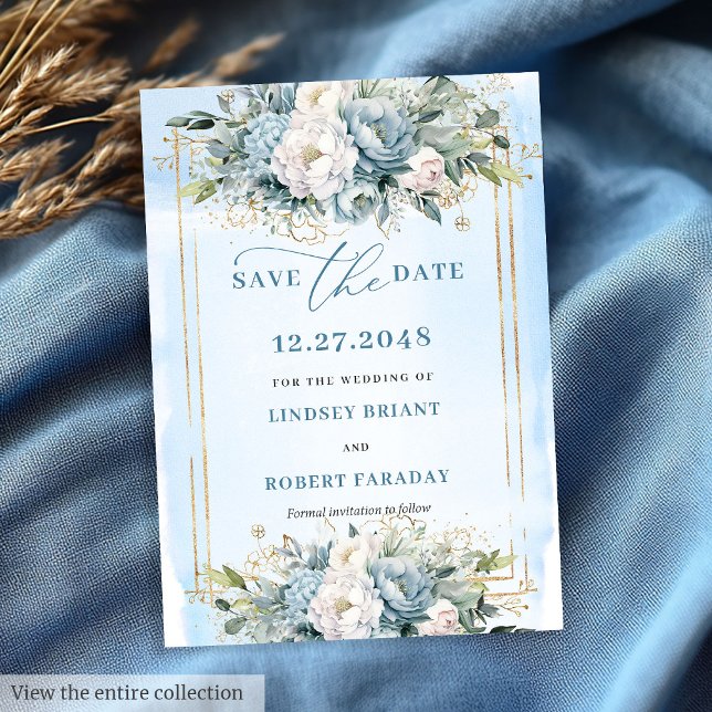 Convites Script Azul Azul Azul Flores Douradas Salvem a Dat (Script Dusty Blue White Gold Flowers Save The Date)