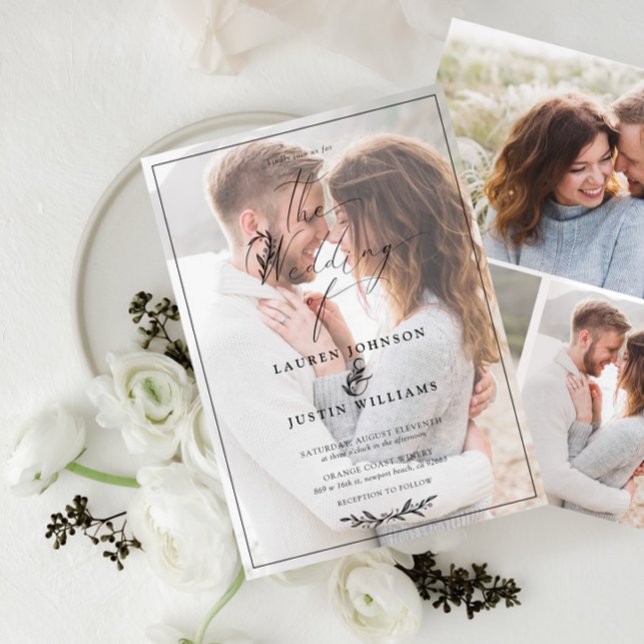 Convites Script Botânico Branco Branco Moderno Vellum 4 Fot (Criador carregado)