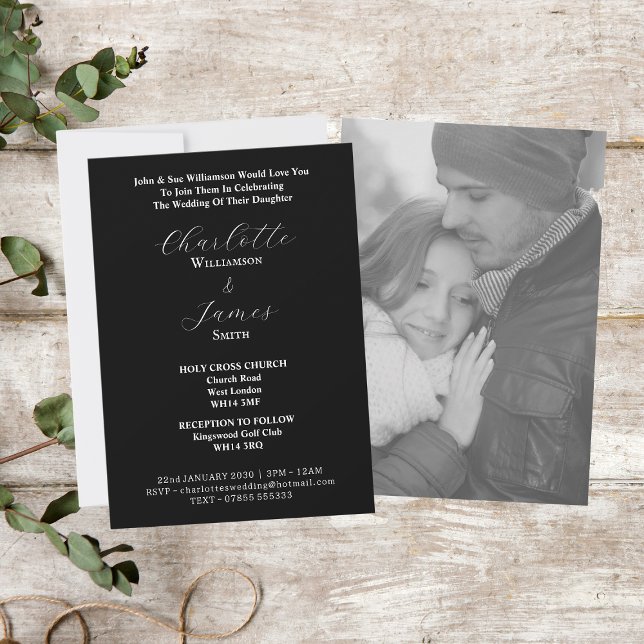 Convites Script branco elegante | Foto de Casal feliz preta (Front And Back)