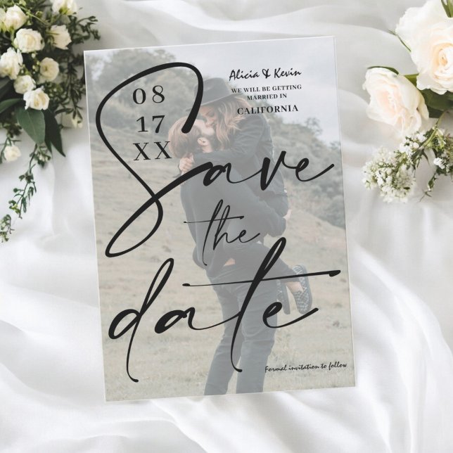 Convites Script branco preto moderno para salvar a foto de  (Modern black white script save the date photo invitation)