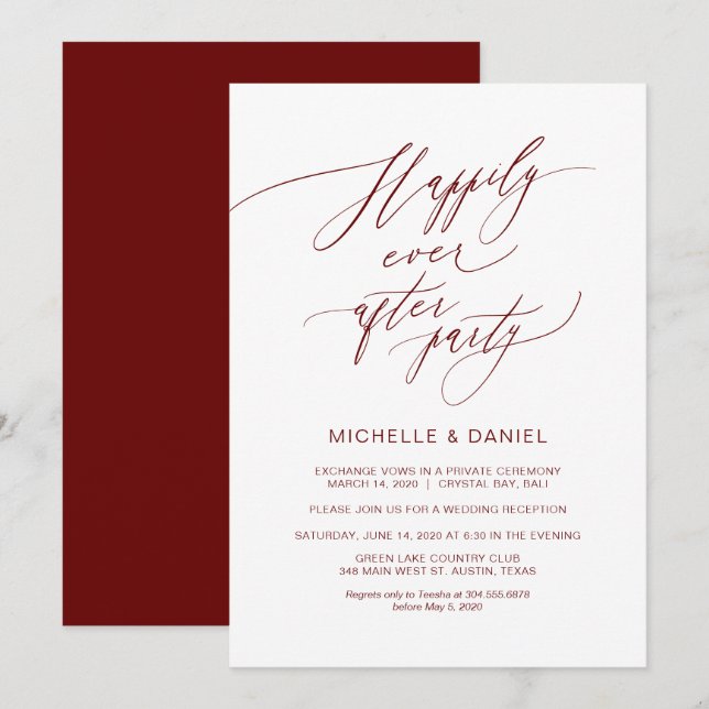Convites Script Burgundy Romântico, Casamento Intimo (Frente/Verso)