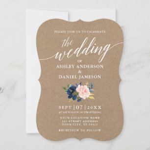 Convites Script Caligrafia Azul Rosa Floral Casamento Kraft