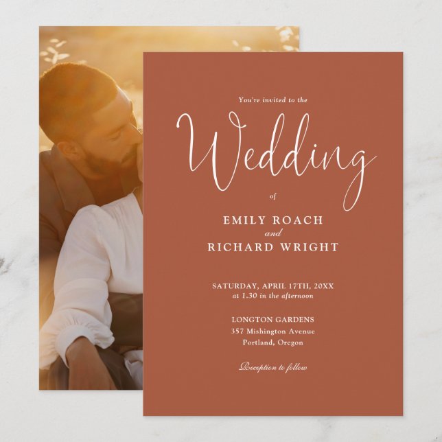 Convites Script Calliografia Foto Terracotta Wedding (Frente/Verso)