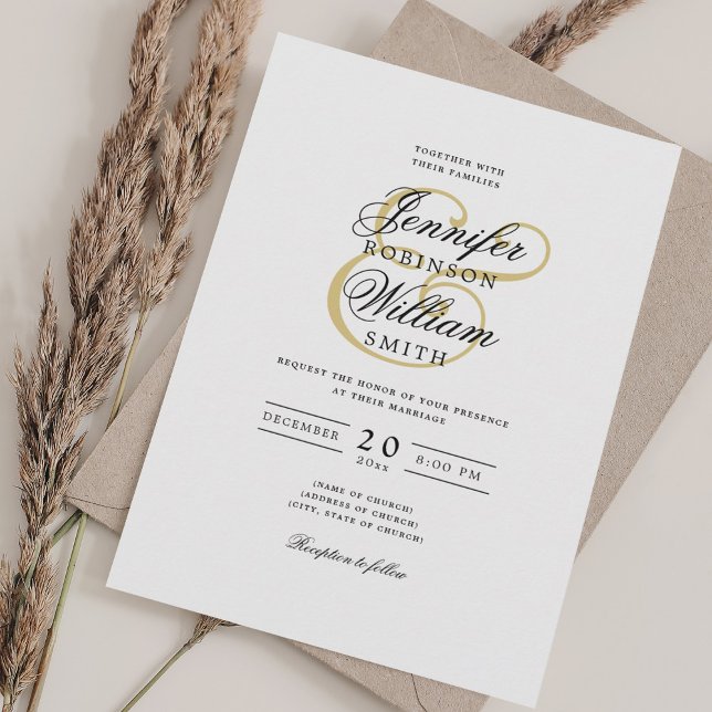 Convites Script Clássico de Casamento Romântico Elegante Do (Elegant Romanic Wedding Classic Script Gold Invitation)