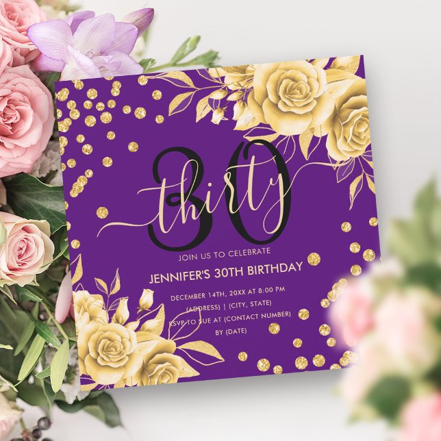 Convites Script de aniversário de 30 anos de Leitura Floral (Gold Purple Floral Glitter 30th Birthday Script Invitation)