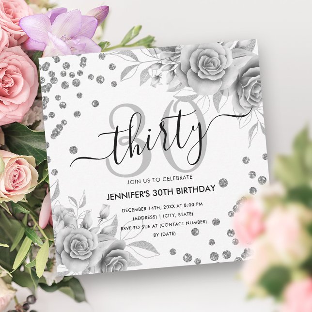 Convites Script de aniversário de 30 anos Floral com Brilho (Silver Gold Floral Glitter 30th Birthday Script Invitation)