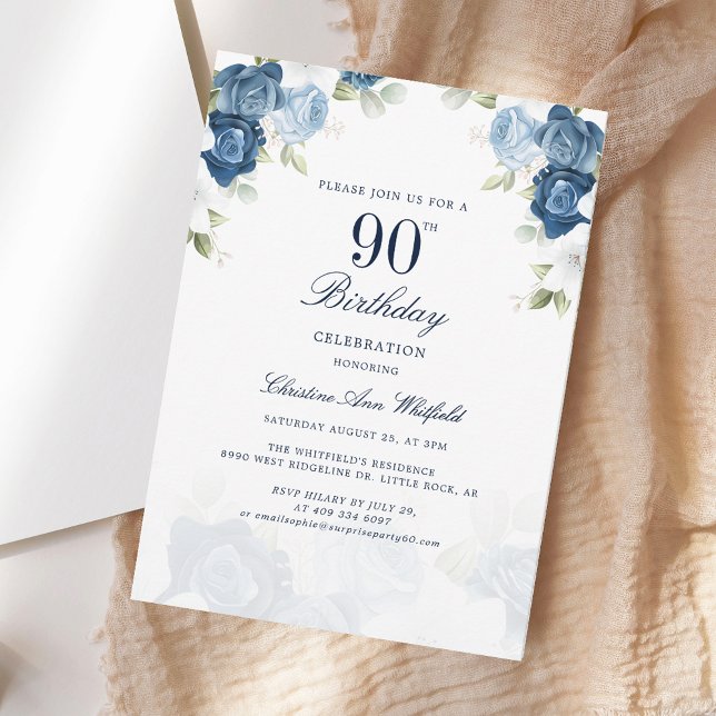Convites Script de Aniversário de 90 Floral Elegante (Elegant Floral 90th Birthday Script Invitation)