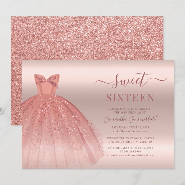 Convites Script de Aniversário do Rosa Dourado Glam Sweet 1 (Frente/Verso)