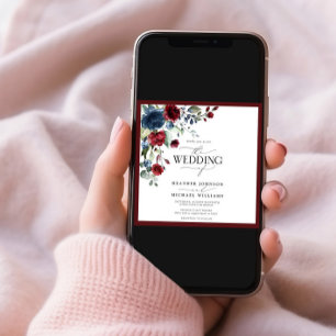 Convites Script de Aquarela Floral Azul Marinho Burgundy