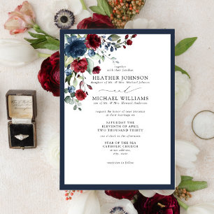 Convites Script de Aquarela Floral Floral Azul Burgundy, Ma