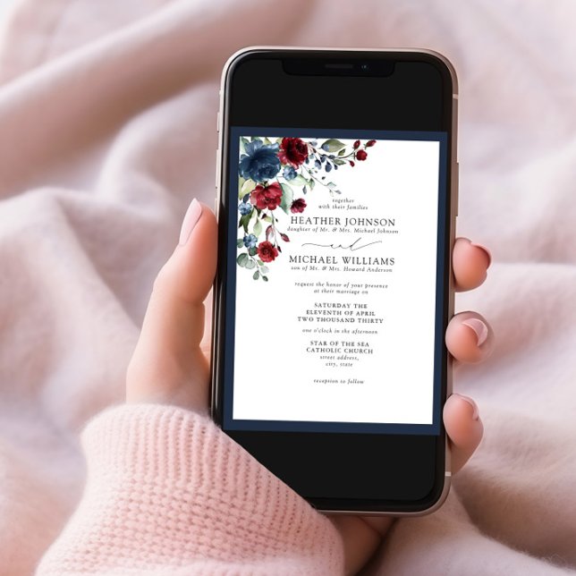 Convites Script de Aquarela Floral Floral Azul Burgundy, Ma (Criador carregado)