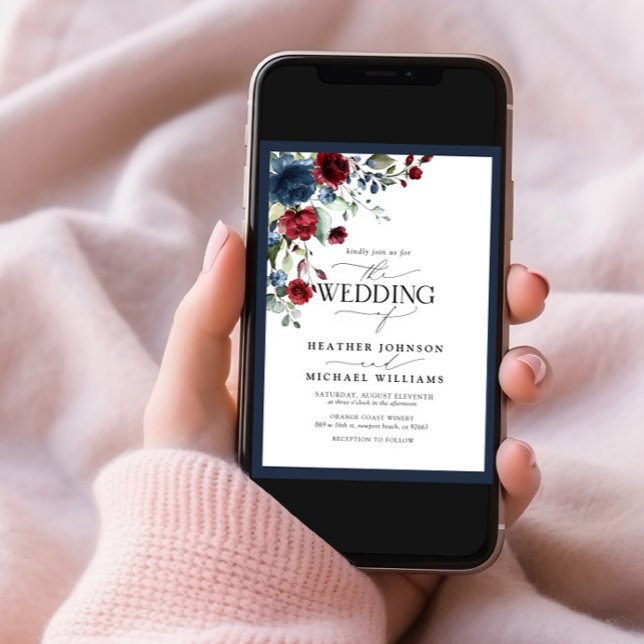 Convites Script de Aquarela Floral Floral de Borgonha Azul  (Criador carregado)