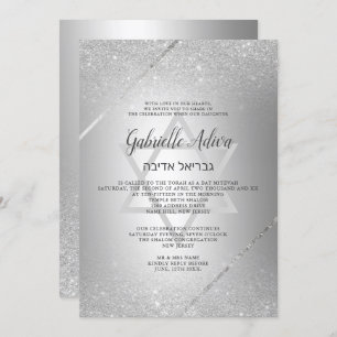 Convites Script de brilho prateado metálico Bat Mitzvah