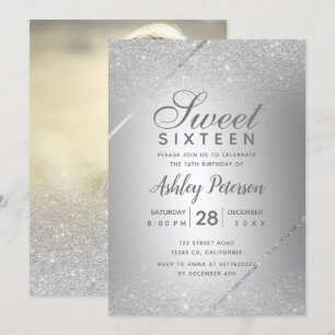 Convites Script de brilho prateado metálico Sweet 16