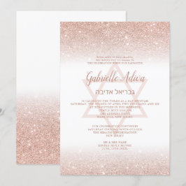 Convites script de brilho rosa dourado branco cinza Bat Mit