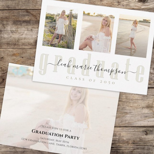 Convites Script de Caligrafia do formando - Quatro Fotograf (Graduation photo collage graduate typography invitation announcement. )