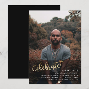 Convites Script de Celebração Dourada   Foto personalizada 