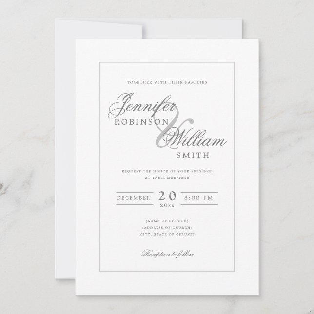 Convites Script de Cinza Silver de Casamento Elegante Simpl (Frente)