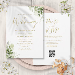 Convites Script de Código QR Floral de Verdura Dourada Casa