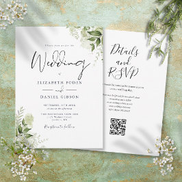 Convites Script de código QR floral verde para casamento