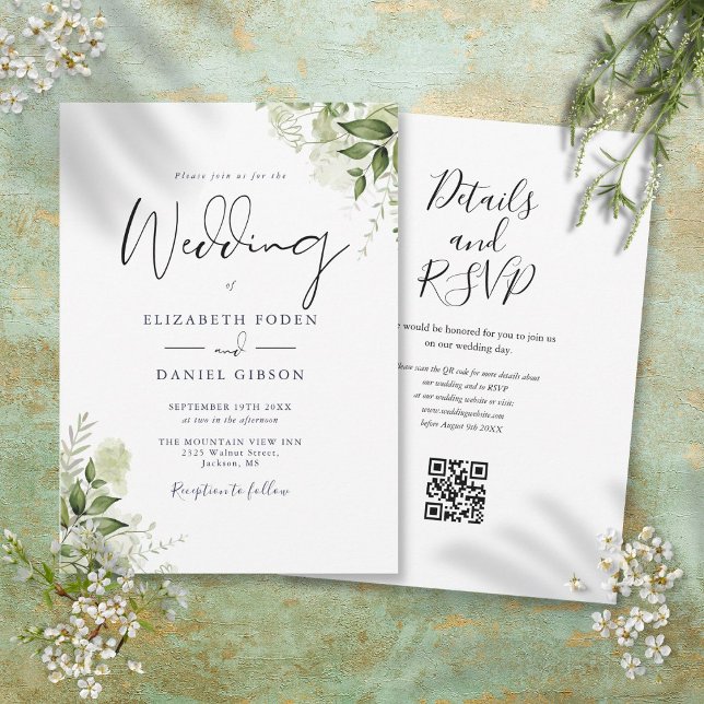 Convites Script de código QR floral verde para casamento (Greenery Floral QR Code Script Wedding Invitation)