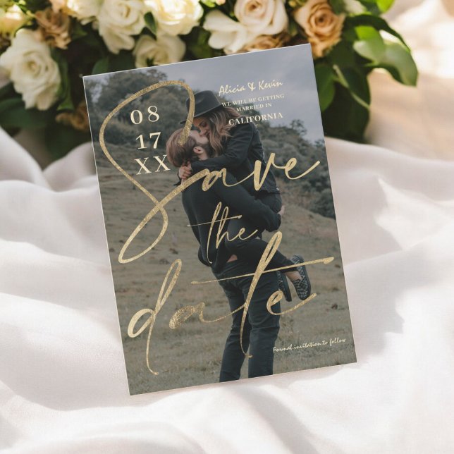 Convites Script de folha de ouro em negrito moderno para sa (Modern bold gold foil script save the date photo invitation)