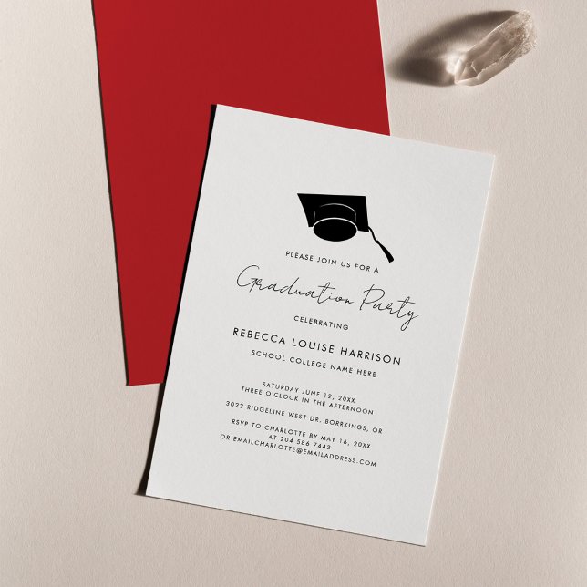Convites Script de Formatura Vermelho Elegante Graduado 202 (Graduation 2024 Party Grad Cap Red Invitation)