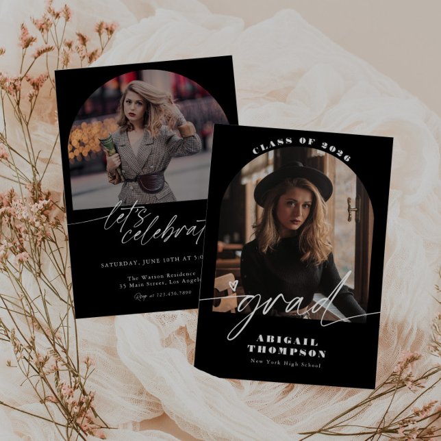 Convites Script de Foto de Arco Preto e Branco Graduação (Criador carregado)