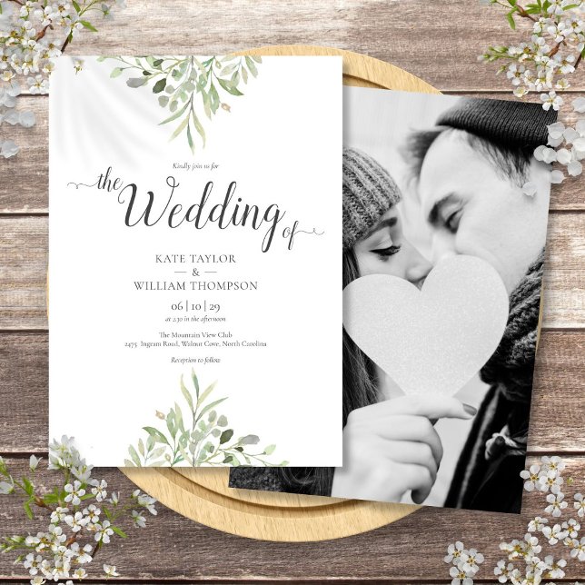 Convites Script de Foto de Casamento com Verdura Botânica (Botanical Greenery Wedding Photo Script Invitation)