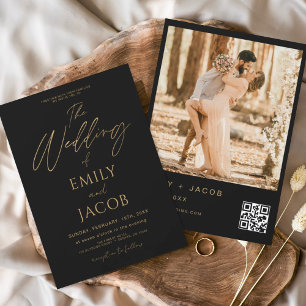 Convites Script de Foto do Código QR de Casamento Dourado P