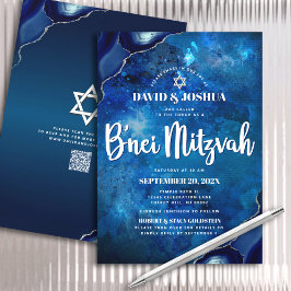 Convites Script de Galáxia de Agato Azul de Marinho Mitzvah