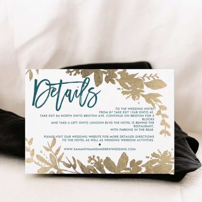 Convites Script de ouro em chic Direção de casamento de tea (Chic gold script Floral teal wedding direction Invitation)