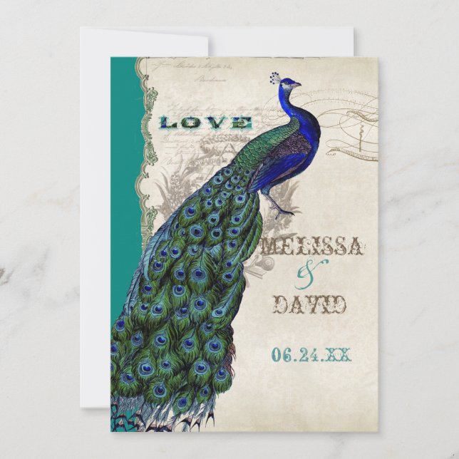 Convites Script de Penas da Cauda do Peacock Elegante Vinta (Frente)