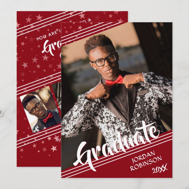 Convites Script de pincel vermelho de 4 fotos do Formando m (Frente/Verso)