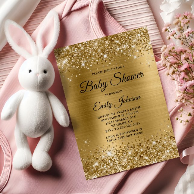 Convites Script de Rico de folha de chá de fraldas Dourada  (Baby Shower Gold Glittery Foil Fancy Script Invitation)