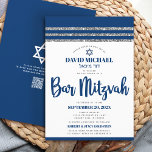 Convites Script de Tallição Azul de Prata Azul do Bar de Có<br><div class="desc">Tenha orgulho, alegria e mostre este marco do seu Bar favorito Mitzvah! Enviar este convite de código QR legal, exclusivo, moderno e personalizado para um evento a lembrar. A tipografia de escrita azul-marinho, estrela de David e um talento gráfico listrado azul-marinho e prateado inspiraram uma camada gráfica simples e branca....</div>