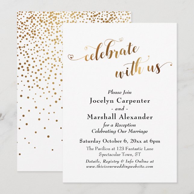 Convites Script Dourado Celebre Conosco Confetes de Fundo (Frente/Verso)