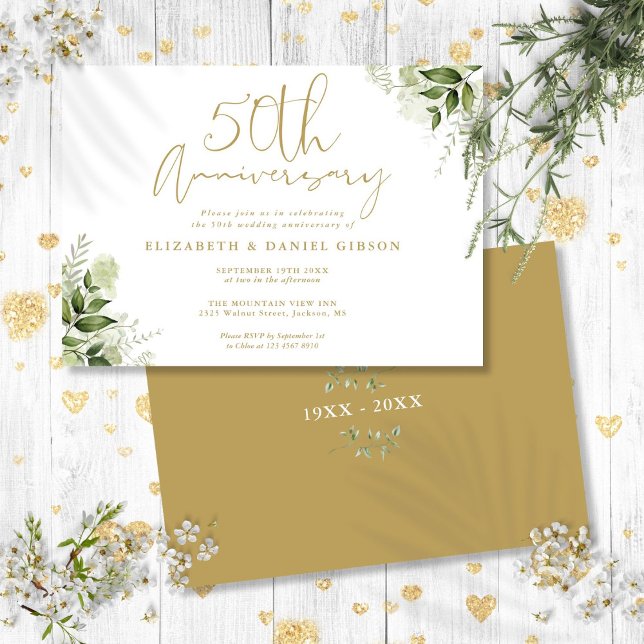 Convites Script Dourado de aniversário de casamento do 50º  (50th Wedding Anniversary Gold Script Floral Invitation)
