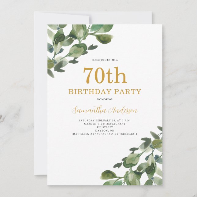 Convites Script Dourado de Aquarela de 70 Birthday Eucalypt (Frente)