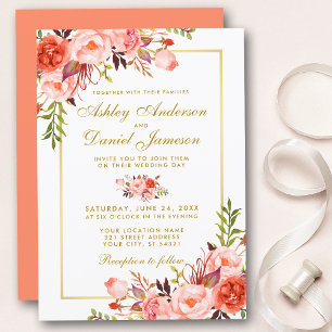 Convites Script Dourado de Casamento Floral de Coral de Wat