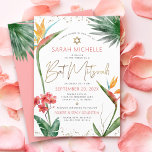 Convites Script Dourado de Cor de Água Floral do Bat Tropic<br><div class="desc">Tenha orgulho, alegria e mostre este marco do seu Bat Mitzvah favorito com este sofisticado e personalizado convite! Na moda, atordoante, colorida, pássaros aquosos tropicais de flores do paraíso, escrita falsa em ouro manuscrita, Estrela de David e pontos brilhantes, juntamente com cor-de-rosa rosa escuro e tipo serif moderno de cinza,...</div>