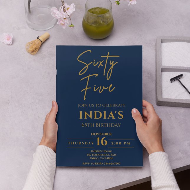 Convites Script Dourado e Festa de aniversário 65º azul (Criador carregado)