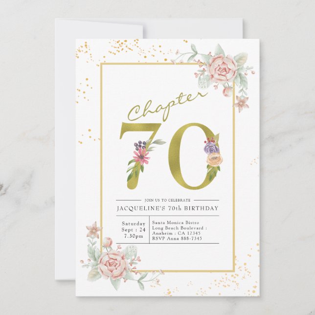 Convites Script Dourado Floral de 70 Birthday (Frente)