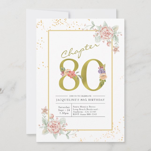 Convites Script Dourado Floral de 80 Birthday (Frente)