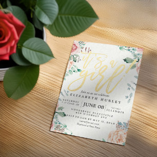 Convites Script Dourado Floral de Cores Aquáticas Elegante