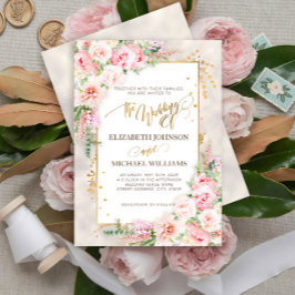 Convites Script e quadro Dourado Floral Rosa Peony