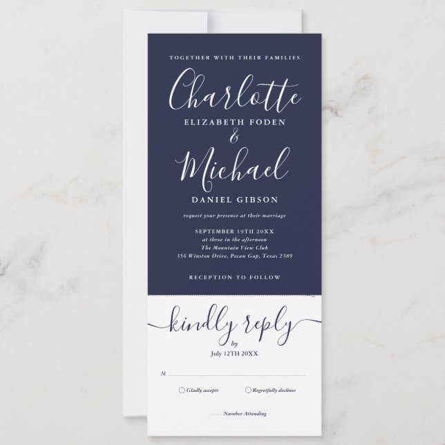 Convites Script Elegante Azul marinho Tudo Em Um Casamento (Frente)
