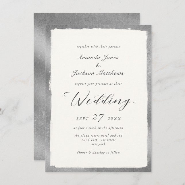 Convites Script Elegante com Casamento Formal de Silver Sem (Frente/Verso)
