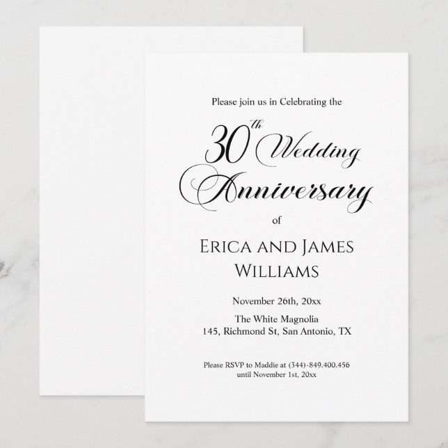Convites Script Elegante de Aniversário de Casamento de 30  (Frente/Verso)