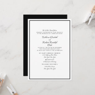 Convites Script Elegante de Casamento Branco e Preto Formal